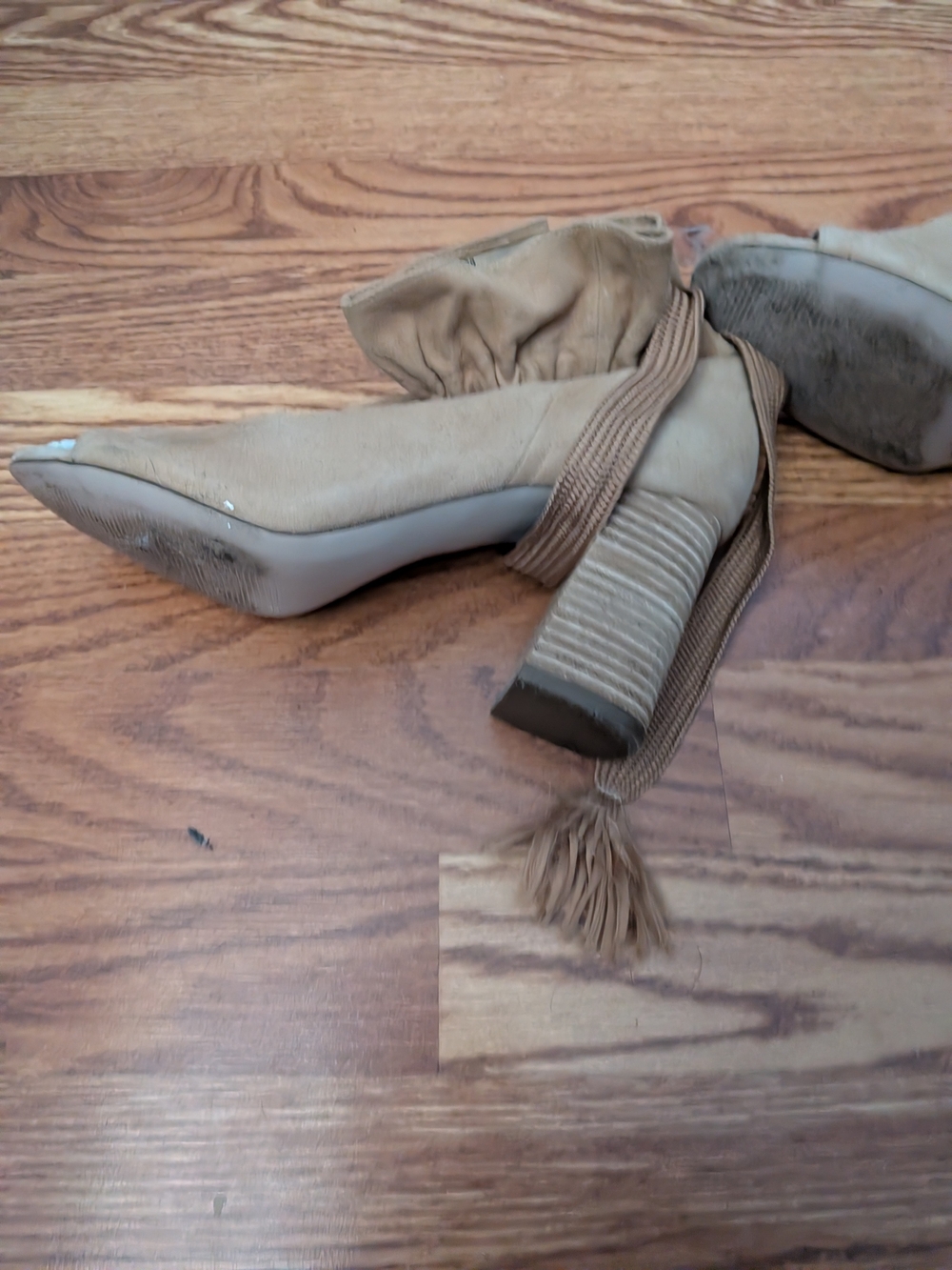 Women’s Tan Suede Block Heel Ankle Boots with Tassel Wrap